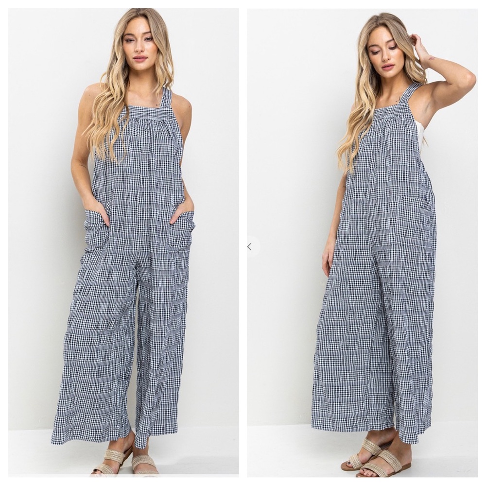 15 Boho Loose fit Plaid Wide-Leg Jumpsuit Side Pockets and adjustable straps - Picture 3 of 4